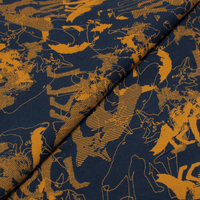 Jersey coton peigné & élasthanne - Loup moutarde fond bleu