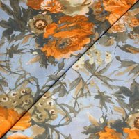 Batiste 100% coton - Grosse fleur orange fond bleu