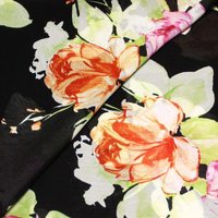 Georgette 100% viscose - Fleuri rose & orange fond noir