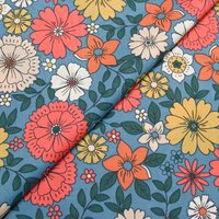 Percale 100% coton peigné luxe - Fleurs multicolores fond bleu