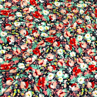 Étoffe 100% viscose - Fleuri rouge & turquoise fond marine