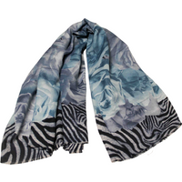 Foulard twill - Motif roses Bordure zèbre bleu