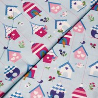 Popeline 100% coton - Motif maison d'oiseau coloré fond bleu