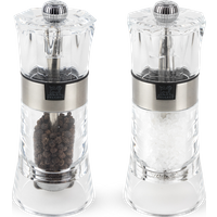 The transparency of the acrylic used to make the Oslo duo of salt and pepper mills makes the best use of the beauty of the contents of the mills. The subtle note of stainless steel adds a charm to this piece with crystal-clear transparency. Oslo