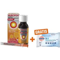 Nurofen Junior Fieber- & Schmerzsaft Erdbeer pro ml + Sagrotan 2 in 1 Desinfektionstücher 40 mg