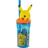 P:Os Pokémon Trinkbecher mit Strohhalm und 3D-Figur Pikachu, 360 ml