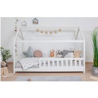 Ticaa Kinderbett Hausbett "Kay" 120x200 Kiefer weiß für Jungen & Mädchen, inkl. Rolllattenrost, Rausfallschutz variabel, Montessori Bett weiß aus...