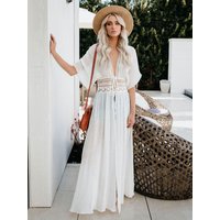 Milanoo Enjoy 41% Off White LaceUp VNeck Half Sleeve Beach CoverUps