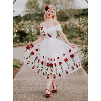 Milanoo Enjoy 45% Discount on Black 1950s OffShoulder Flower Embroidered Dress