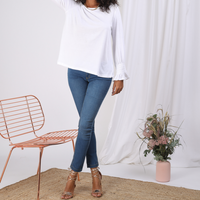 Tee-shirt dos en V lanières croisées manches longues nid d'abeille femme - Blanc