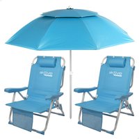 Pack 2 sillas de playa plegables azul c/cojín y bolsillos + sombrilla antiviento 200 cm azul