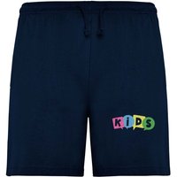 Promotional Clothing Shorts – navy blue – with custom logo print for kids, elasticated waistband, side pockets, printed youth clothing