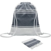 Corporate Gift Hammam Towel Drawstring Set with Logo Print – 90x160 cm Recycled Cotton – Blue – Beach Accessory for Staff Incentives