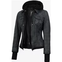 Womens Washed Black Real Leather Jacket with Hood
