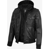 Mens Black Lambskin Leather Bomber Jacket with Hood