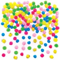 Fairy Colours Self-Adhesive Pom Poms (Pack of 200) Craft Embellishments 6 assorted fairy colours - Blue, Pink, Light Pink, Green, Yellow & Gold Tinsel
