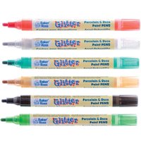 Christmas Glitter Porcelain & Deco Paint Pens (Pack of 6) Christmas Craft Supplies 6 colours - Gold, Silver, Light Green, Black, Red & Green