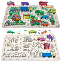 Colour-in City Car Playmat Sets (Pack of 3) 1 A3 Size Map & 10 Vehicle Designs, Imaginative Play
