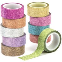 Glitter Washi Tape (Pack of 10) Each Reel 3m x 15mm, 10 Assorted Colours, Easy Cut, Self-Adhesive