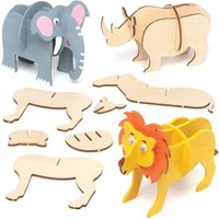 Jungle Animal 3D Woodcraft Kits (Pack of 5) Slot-Together, Construction Craft Kits For Kids, Lion, Giraffe & More