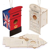 London Wooden Birdhouse Kits (Pack of 3) Craft Kits, Assemble & Decorate, 3 Assorted Designs
