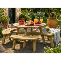 Wooden Garden Furniture | Round Wooden Picnic Table with Benches