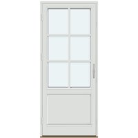 Single-Panel Outswing Patio Doors | 1 outswing door leaf with vertical glass, 2 horizontal decorative bars, 1 vertical decorative bar, and a panel