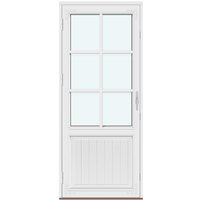 Historic-Style Single-Panel Outswing Patio Doors | 1 outswing door leaf with vertical glass, 2 horizontal decorative bars, 1 vertical decorative bar, and a panel