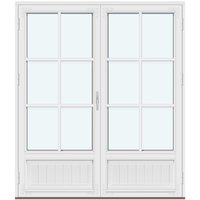 Historic-Style Two-Panel Outswing Patio Doors | 2 door leaves with panels, 2 horizontal decorative bars, and 1 vertical decorative bar