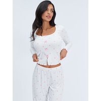 Boux Avenue Ribbed Heart Bow Long Pyjama Set - Ivory Mix