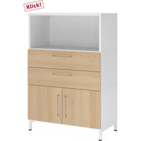 FlexWall | 3 OH | Türen + Schübe + Korpus | mit Sockelgestell - Weiß/Eiche