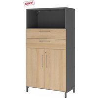 FlexWall | 4 OH | Türen + Schübe + Korpus | mit Sockelgestell - Graphit/Eiche