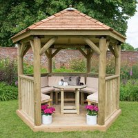 10’x9′ (3×2.7m) Luxury Wooden Furnished Garden Gazebo with New England Cedar Roof – Seats up to 10 people 10’x9′ (3×2.7m) Luxury Wooden Furnished Garden Gazebo with New England Cedar Roof – Seats up to 10 people