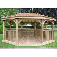 17’x12′ (5.1×3.6m) Premium Wooden Garden Gazebo with New England Cedar Roof – Seats up to 22 people 17’x12′ (5.1×3.6m) Premium Wooden Garden Gazebo with New England Cedar Roof – Seats up to 22 people