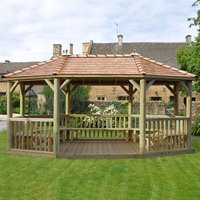 20’x15′ (6×4.7m) Premium Oval Furnished Wooden Garden Gazebo with New England Cedar Roof – Seats up to 27 people 20’x15′ (6×4.7m) Premium Oval Furnished Wooden Garden Gazebo with New England Cedar Roof – Seats up to 27 people