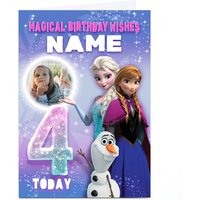 Photo Disney Frozen 4th Birthday Card - Anna, Elsa & Olaf, Any Name