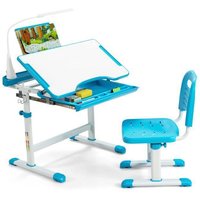 Bureau Enfant avec Chaise - DREAMADE - Lampe LED - Hauteur et Angle Réglables - Support de Lecture - pour Enfant 4 ans+ - Bleu