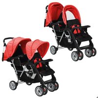 Poussette double en acier rouge et noir VIDAXL - Pour enfants de 6 à 36 mois - Auvents pliants et grand panier