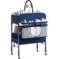 Table à Langer Bébé Pliante 2-En-1 Avec Roulettes Et Tiroir – Hauteur Réglable Sangle De Sécurité – Idéale Pour Nouveau-Né-BLEU