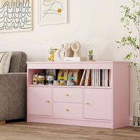 Coffre à jouet enfant-COSTWAY-avec 1 Étagère Ouverte 2 Tiroirs 2 PortesAnti-Basculement & Coins Arrondis 106x30x62CMRose