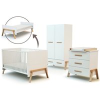 AT4 - Chambre bébé lit commode à langer 3 Tiroirs + armoire en bois Blanc et Hêtre Verni -