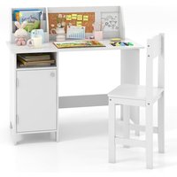 GOPLUS Bureau Enfant avec Chaise-90x45x86CM-1 Armoire à Porte+Bibliothèque Dessus+Tableau dAffichage-Blanc
