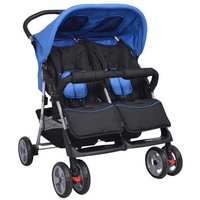Poussette double - vidaXL - Acier - Bleu et noir - Dossier réglable - Roues verrouillables