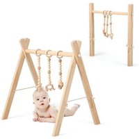 COSTWAY Portique dEveil en Bois pour Bébé Pliable avec 3pcs Pendentifs sans BPA Forme Triangulaire-Cadeau de Naissance-Naturel