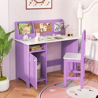GYMAX Bureau et Chaise Enfant 91x45x81CM en BoisTable dÉtude Fille Garçon 4-8 Ans avec Chaise&Placards de RangementViolet