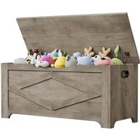 Coffre à jouets en bois massif - LUNSY - Ultra-résistant - 100x40x45 cm - Gris - Charnière à fermeture douce