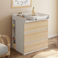IDMARKET Commode à langer évolutive AMBRE façon hêtre et blanc 3 tiroirs table à langer et 2 étagères amovibles