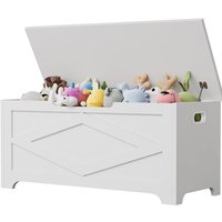Coffre à jouets en bois massif - LUNSY - Ultra-résistant - 100x40x45 cm - Blanc - Charnière à fermeture douce