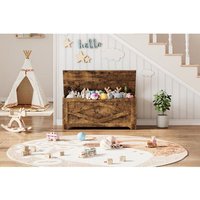 Coffre à jouets en bois massif - LUNSY - Ultra-résistant - 100x40x45 cm - Marron - Charnière à fermeture douce
