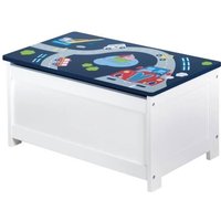 Coffre à Jouets en Bois - ROBA - Rennfahrer - Assise avec Rangement - Blanc / Bleu